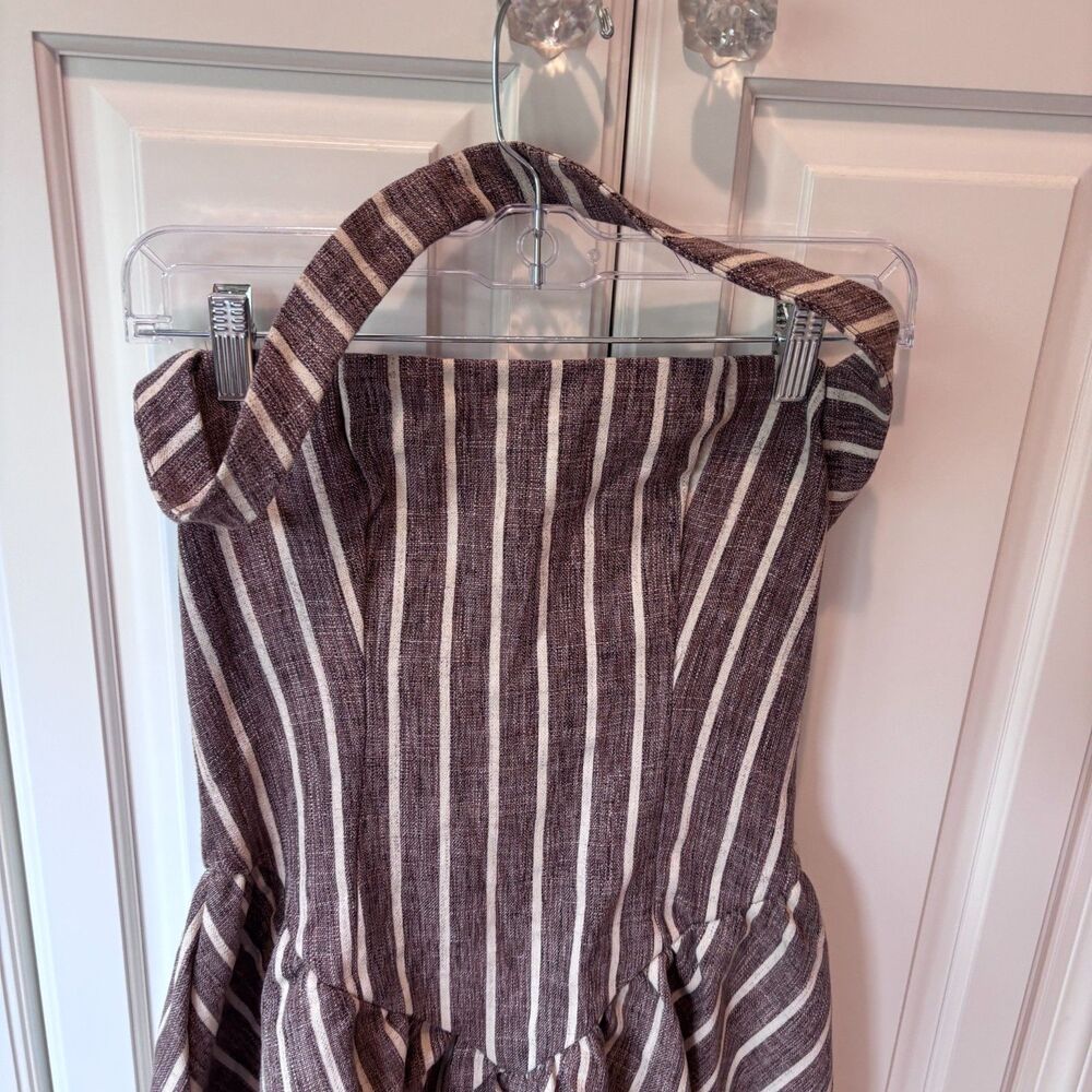 Halter Striped‎ Romper Womens US 6 Brown Cream Linen Look Ruffle Summer Boho NWT